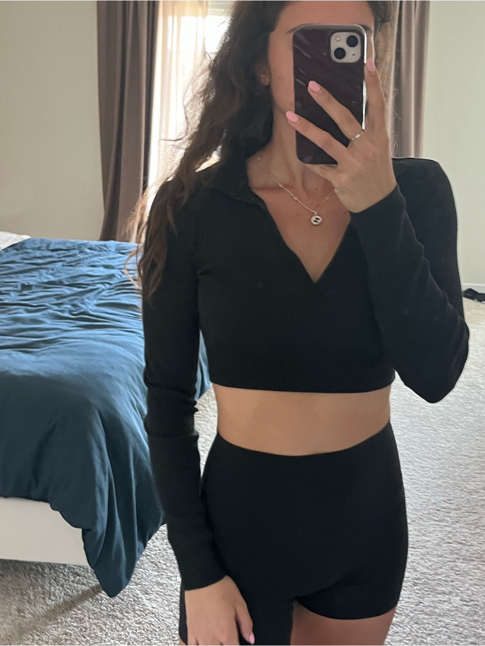 Zara Black Long-Sleeve Cropped Polo Top